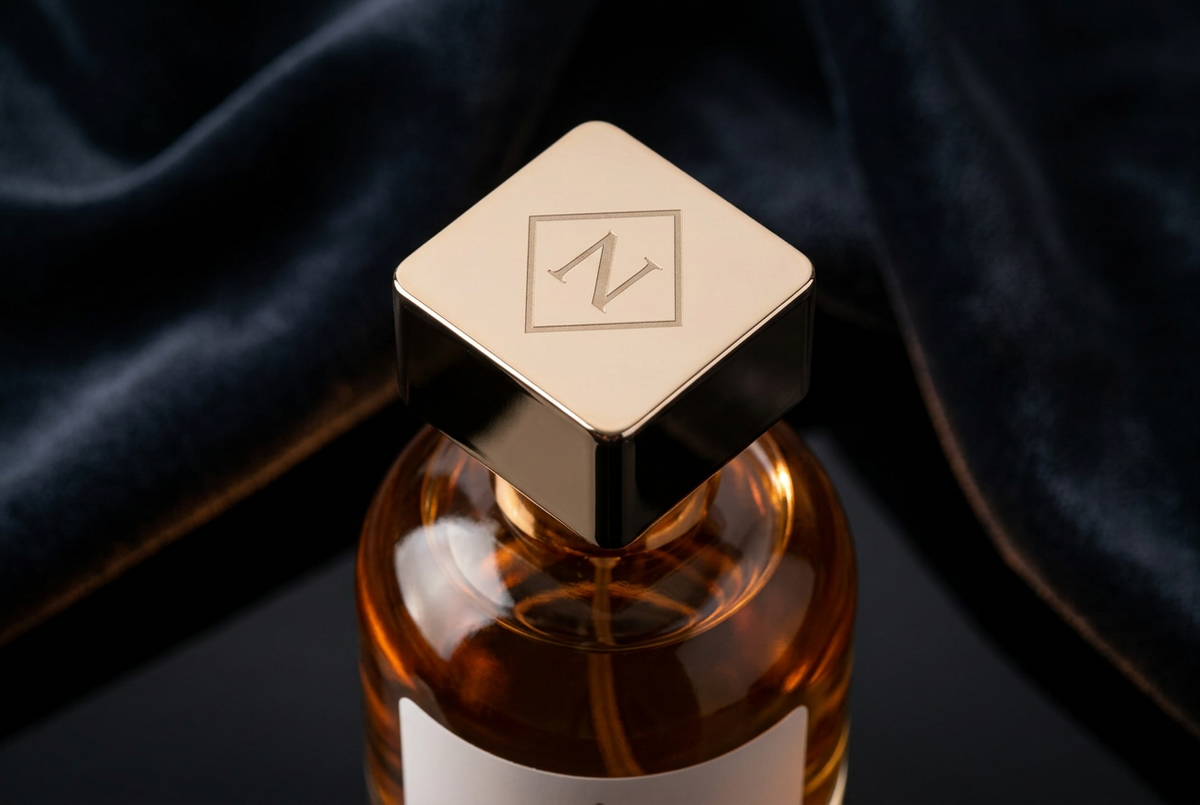 Alternative dark luxury bottle close-up with a smaller gold lid
