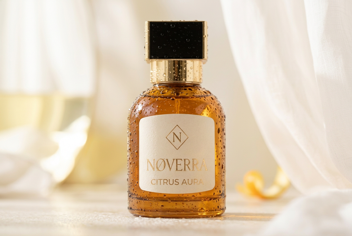 Close-up of Nøverra Citrus Aura with beaded water droplets and a light, airy background